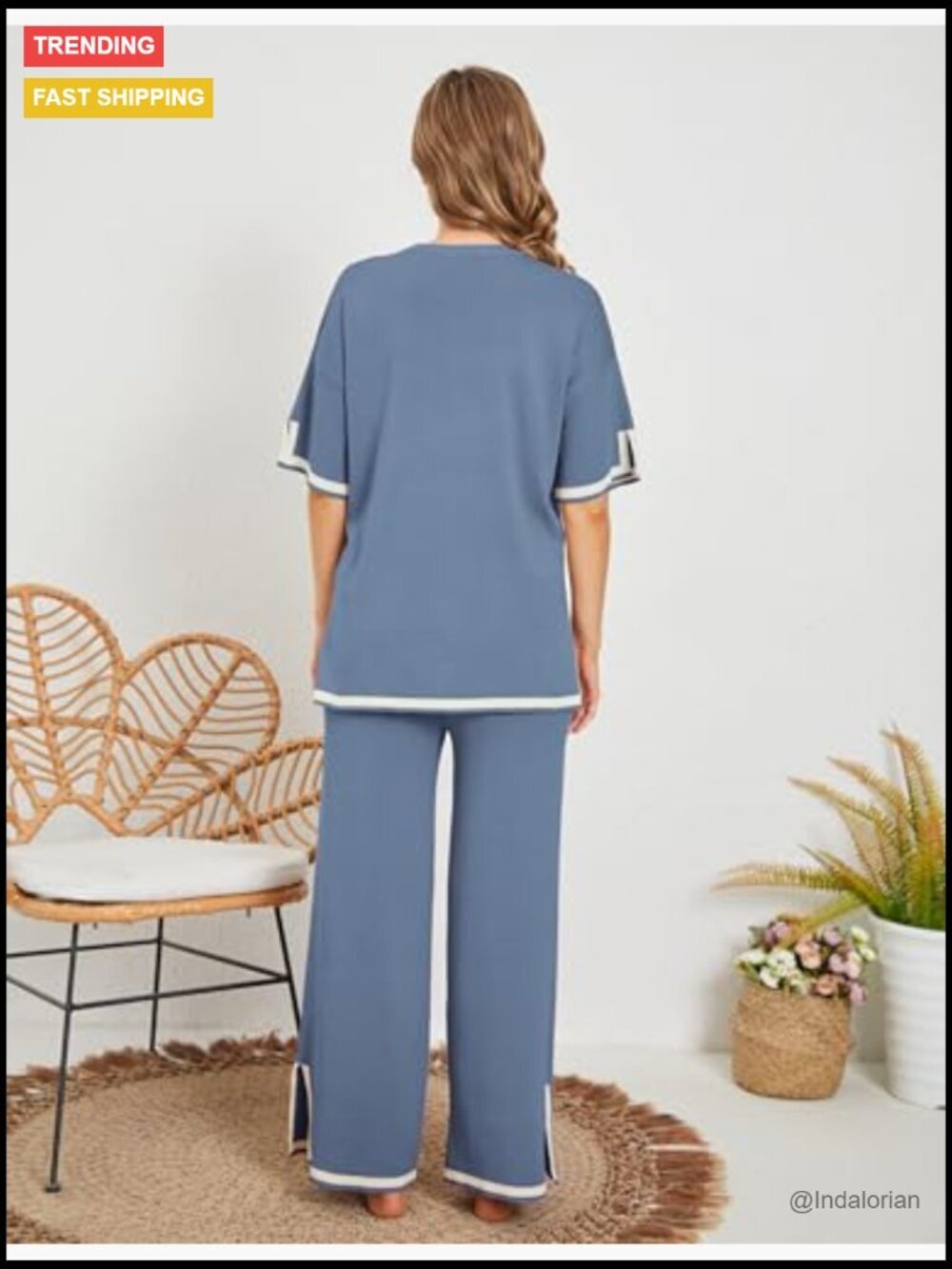 Short Sleeve Knit Pullover Top Wide Leg Pants Lounge Set - Picture 6 of 7